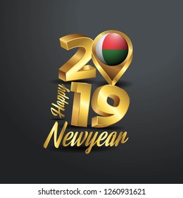 Happy New Year 2019 Golden Typography with Madgascar Flag Location Pin. Country Flag  Design