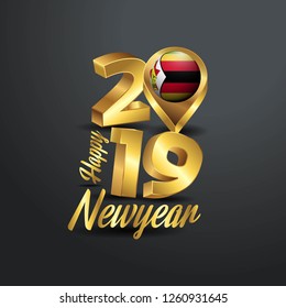 Happy New Year 2019 Golden Typography with Zimbabwe Flag Location Pin. Country Flag  Design