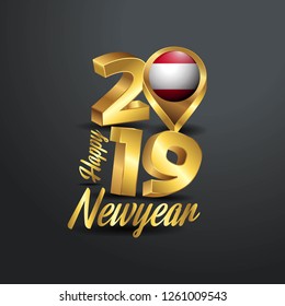 Happy New Year 2019 Golden Typography with Austria Flag Location Pin. Country Flag  Design