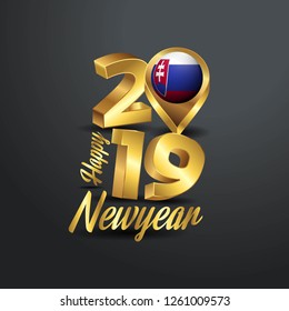 Happy New Year 2019 Golden Typography with Slovakia Flag Location Pin. Country Flag  Design