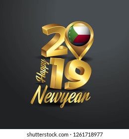 Happy New Year 2019 Golden Typography with Comoros Flag Location Pin. Country Flag  Design
