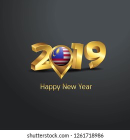 Happy New Year 2019 Golden Typography with Malaysia Flag Location Pin. Country Flag  Design