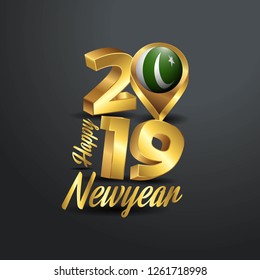 Happy New Year 2019 Golden Typography with Pakistan Flag Location Pin. Country Flag  Design
