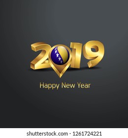 Happy New Year 2019 Golden Typography with Bosnia and Herzegovina Flag Location Pin. Country Flag  Design