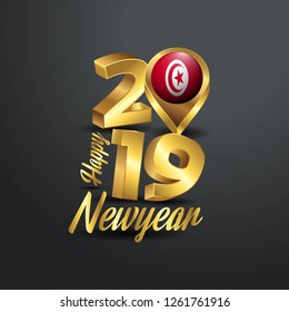 Happy New Year 2019 Golden Typography with Tunisia Flag Location Pin. Country Flag  Design