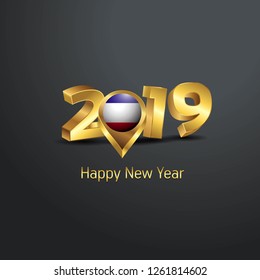 Happy New Year 2019 Golden Typography with Los Altos Flag Location Pin. Country Flag  Design