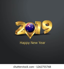 Happy New Year 2019 Golden Typography with Australia Flag Location Pin. Country Flag  Design