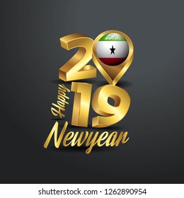 Happy New Year 2019 Golden Typography with Somaliland Flag Location Pin. Country Flag  Design