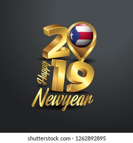 Happy New Year 2019 Golden Typography with Puerto Rico Flag Location Pin. Country Flag  Design