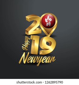 Happy New Year 2019 Golden Typography with Hongkong Flag Location Pin. Country Flag  Design
