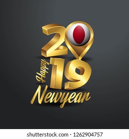 Happy New Year 2019 Golden Typography with Japan Flag Location Pin. Country Flag  Design