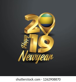 Happy New Year 2019 Golden Typography with Gabon Flag Location Pin. Country Flag  Design