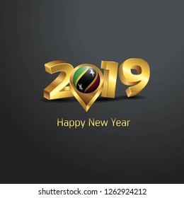 Happy New Year 2019 Golden Typography with Saint Kitts and Nevis Flag Location Pin. Country Flag  Design