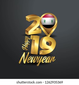 Happy New Year 2019 Golden Typography with Syria Flag Location Pin. Country Flag  Design