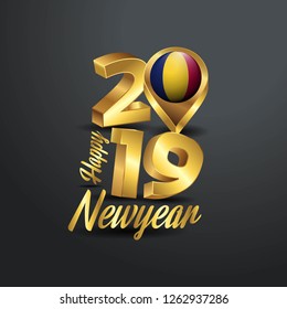Happy New Year 2019 Golden Typography with Chad Flag Location Pin. Country Flag  Design