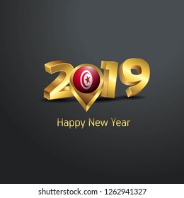 Happy New Year 2019 Golden Typography with Tunisia Flag Location Pin. Country Flag  Design