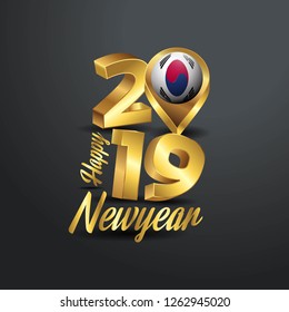 Happy New Year 2019 Golden Typography with Korea South Flag Location Pin. Country Flag  Design