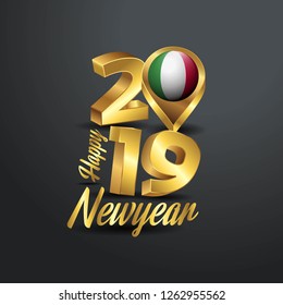 Happy New Year 2019 Golden Typography with Italy Flag Location Pin. Country Flag  Design