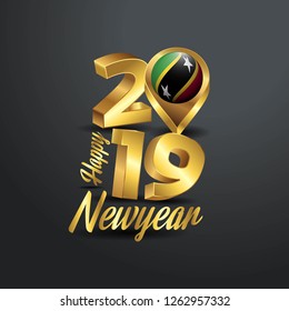 Happy New Year 2019 Golden Typography with Saint Kitts and Nevis Flag Location Pin. Country Flag  Design