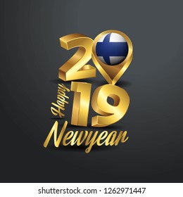 Happy New Year 2019 Golden Typography with Finland Flag Location Pin. Country Flag  Design