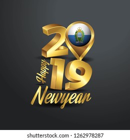 Happy New Year 2019 Golden Typography with San Marino Flag Location Pin. Country Flag  Design