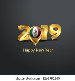 Happy New Year 2019 Golden Typography with Mexico Flag Location Pin. Country Flag  Design