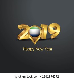 Happy New Year 2019 Golden Typography with Sierra Leone Flag Location Pin. Country Flag  Design