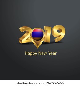 Happy New Year 2019 Golden Typography with Armenia Flag Location Pin. Country Flag  Design