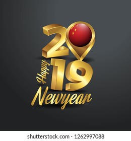 Happy New Year 2019 Golden Typography with China Flag Location Pin. Country Flag  Design