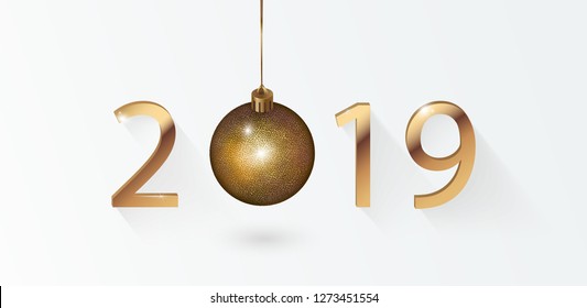 Happy New Year 2019 golden number and ball against a white background, festive design 