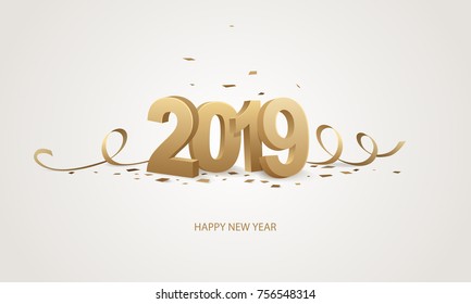  Feliz Año Nuevo 2019. Números dorados en 3D con cintas y confeti sobre fondo blanco.