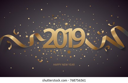 Happy New Year 2019. Golden numbers with ribbons and confetti on a black background.
