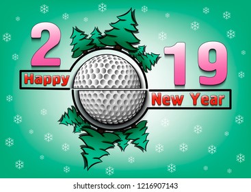 Happy new year 2019 and golf ball with Christmas trees on an snowflakes background. Creative design pattern for greeting card, banner, poster, flyer, party invitation, calendar. Vector illustration