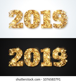 Happy New Year 2019 Greeting Card with Gold Numbers on Black and White Background. Vector Illustration. Merry Christmas Flyer or Poster Design