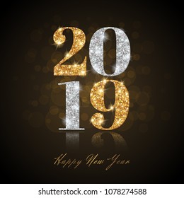 Happy New Year 2019 Greeting Card with Gold and Silver Numbers on Black Background. Vector Illustration. Merry Christmas Flyer or Poster Design