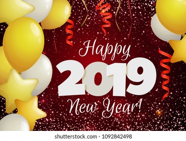 Happy New Year 2019 greeting banner. Festive background with colorful confetti, party popper and sparkles. Vector