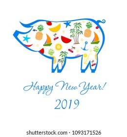 Happy new year 2019! Greeting card. Celebration white background with pig.
Beautiful symbol of the year 2019 pig.  Vector Illustration