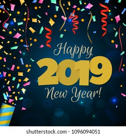 Happy New Year 2019 greeting banner. Festive background with colorful confetti, party popper and sparkles. Vector