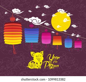 Happy New Year 2019 greeting card. Chinese New Year of the pig