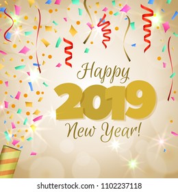 Happy New Year 2019 greeting banner. Festive background with colorful confetti, party popper and sparkles. Vector