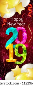 Happy New Year 2019 greeting vertical banner. Festive illustration with colorful confetti, party popper and sparkles. Vector