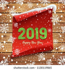 Happy New Year 2019 Greeting card. Red curved banner on wooden planks with snow and snowflakes. Vector illustration.