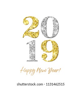 Happy New Year 2019 greeting card of vector golden and silver glitter confetti on premium white background for Christmas celebration