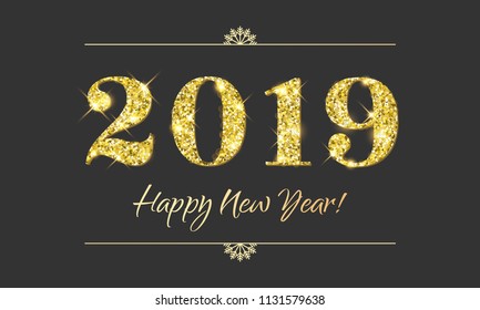 Happy New Year 2019 greeting card of glitter gold Christmas confetti on vector premium black background