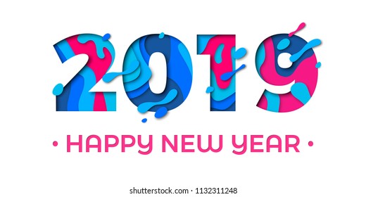 Happy New Year 2019 greeting card with paper cut effect of color multilayer vector numbers for Christmas holiday celebration background