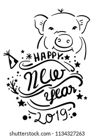 Happy New Year 2019 greeting text Cute Pig. Hand drawn Illustration  
