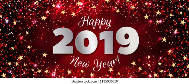 Happy New Year 2019 greeting horizontal banner. Festive illustration with colorful confetti, party popper and sparkles. Vector