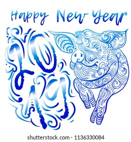 Happy New Year 2019 greeting text Cute Pig. Hand drawn Illustration. chinese symbol of the 2019 year pig