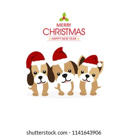 Happy New Year 2019! Greeting card with cute cartoon characters.Funny dogs in the hat of Santa Claus.Vector illustration.