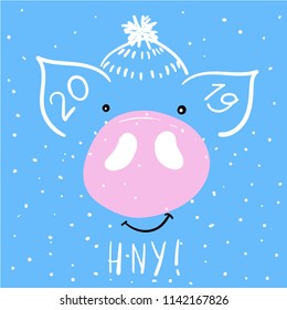 Happy new year 2019! Greeting card with pig, hog. 